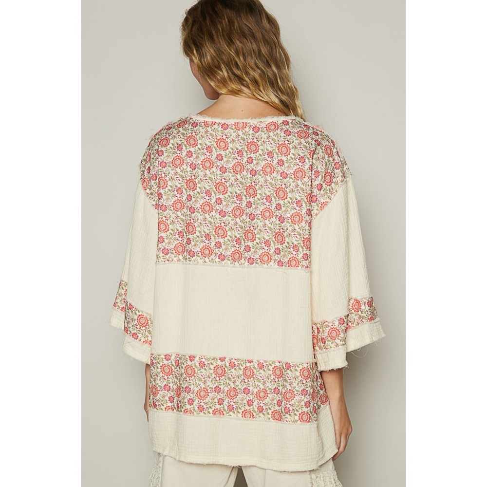 POL Cream 3/4 Sleeve Roomy Fit Henley Top with Floral Contrast - Picture 6 of 10